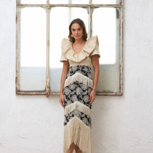 Vestido largo con flecos y flores beige Siran de Rolemode