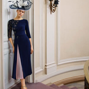 Vestido de fiesta midi con encaje y pedrería 1G04 de Marfil Barcelona