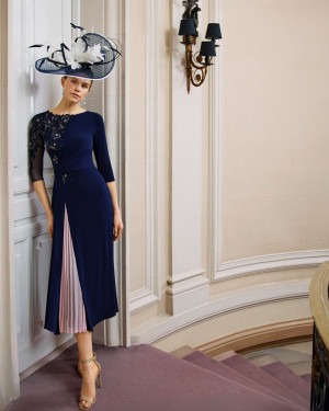 Vestido de fiesta midi con encaje y pedrería 1G04 de Marfil Barcelona