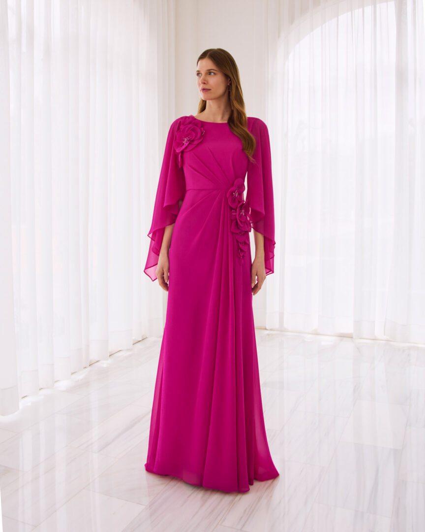 Vestido de fiesta largo gasa en magenta1G141 de Marfil Barcelona
