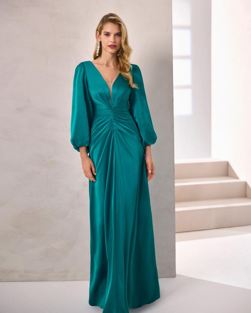 Vestido de fiesta azul raso texturizado 1JB2 de Marfil Barcelona