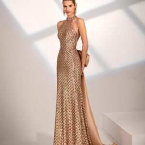 Vestido de fiesta largo lentejuelas halter 1JB6de Marfil Barcelona