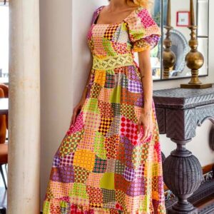 Vestido largo con bordados patchwork PA2019 de Encandilata
