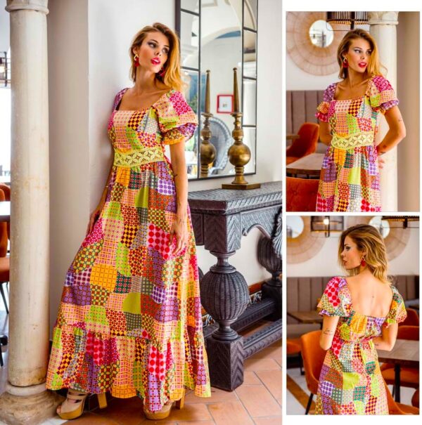Vestido largo con bordados patchwork PA2019 de Encandilata - Imagen 2