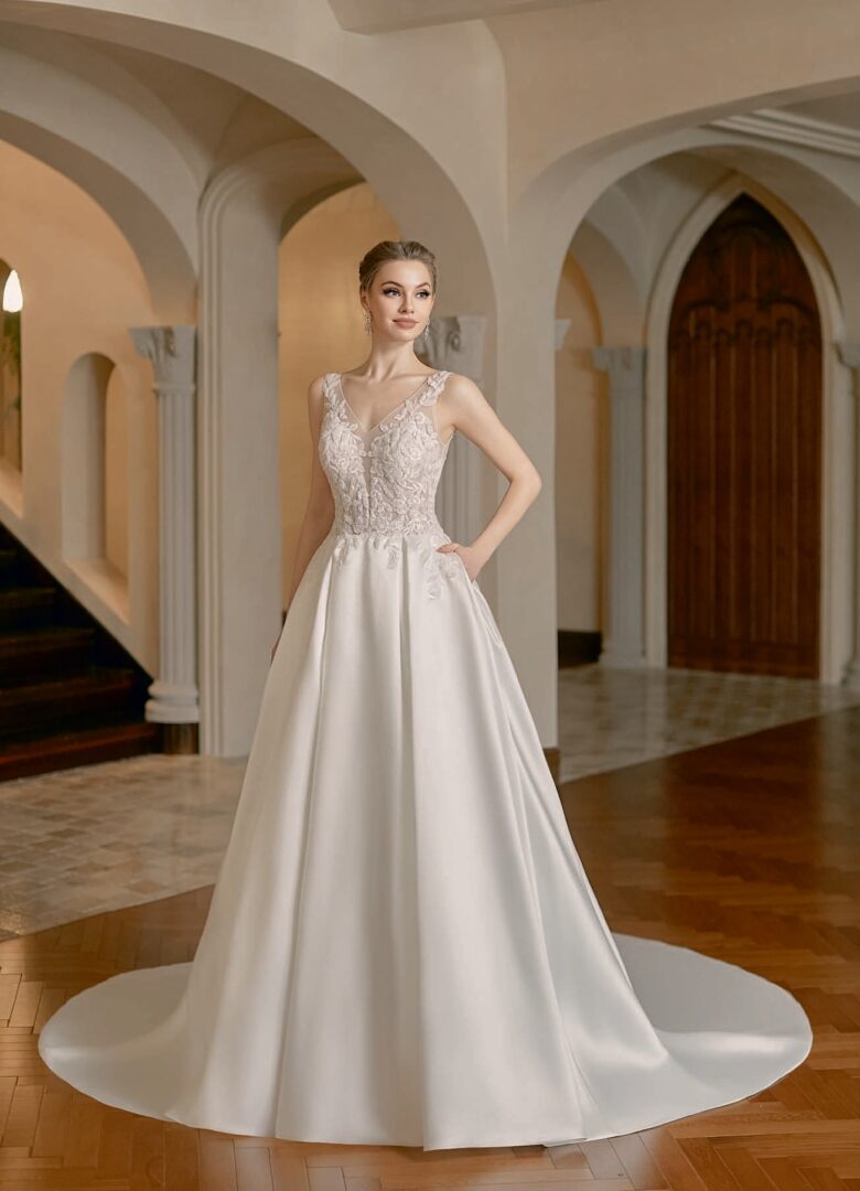 Vestido de novia falda lisa y cuerpo bordado 610 de Alma Couture