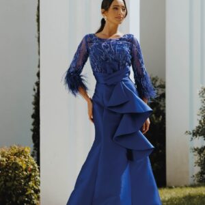 Vestido largo de fiesta volantes 256-10 fucsia de Agnes Marie Couture