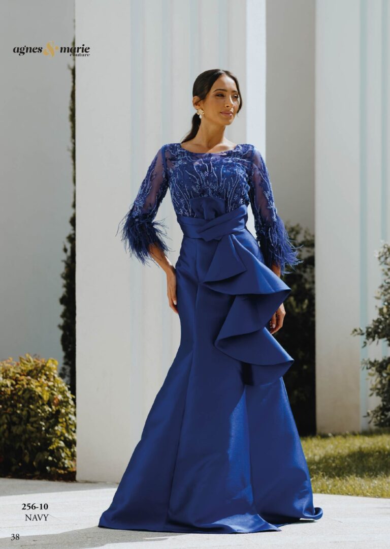 Vestido largo de fiesta volantes 256-10 fucsia de Agnes Marie Couture