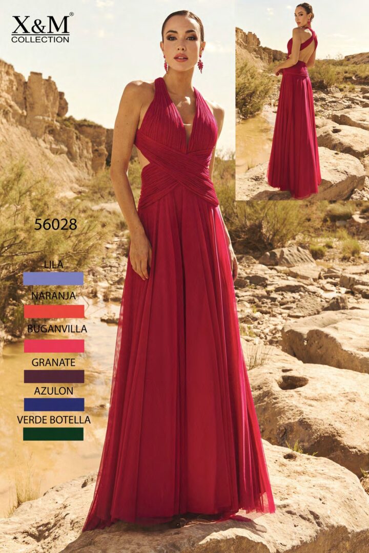 Vestido largo de tul elástico buganvilla 56028 de XM Collection