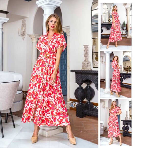 Vestido largo poliéster con botones y cinturón floral PA2057 de Encandilata - Imagen 2