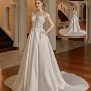 Vestido de novia falda lisa y cuerpo bordado 602 de Alma Couture