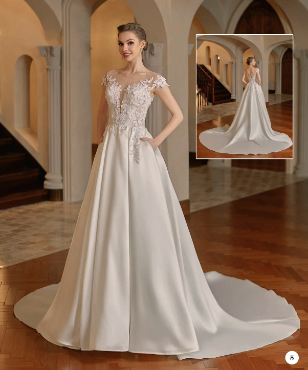 Vestido de novia falda lisa y cuerpo bordado 602 de Alma Couture