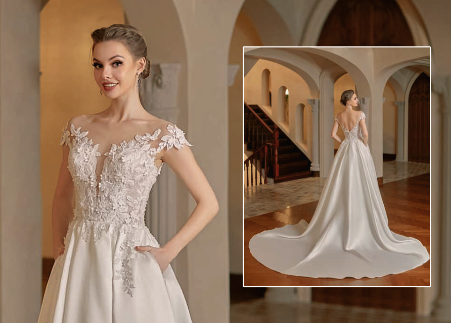 Vestido de novia falda lisa y cuerpo bordado 602 de Alma Couture - Imagen 2