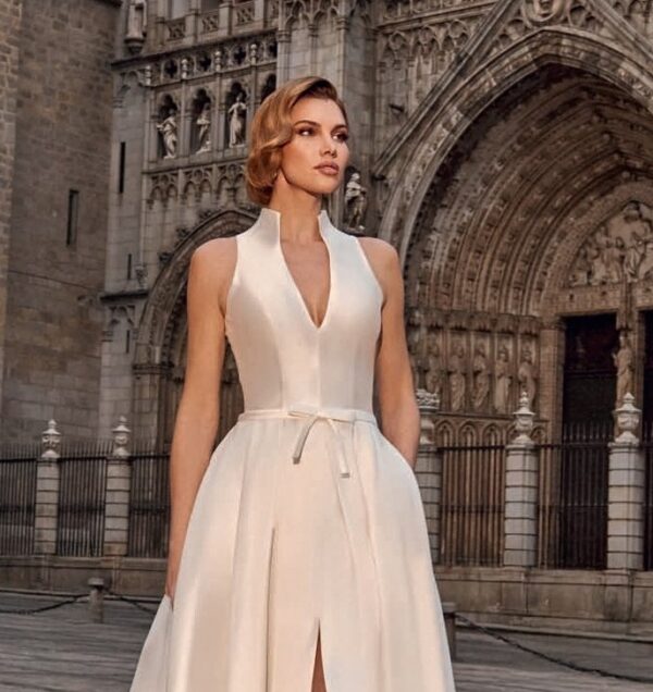 Vestido de novia liso y cuello mao 615 de Alma Couture - Imagen 2