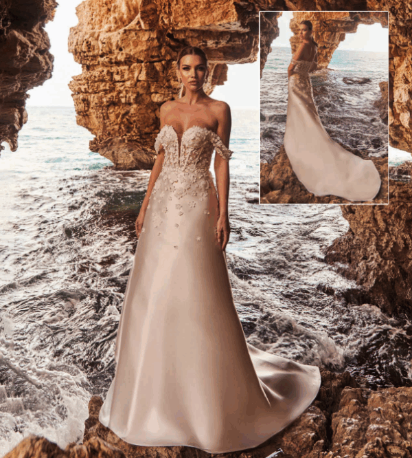Vestido de novia flores bordadas sin mangas 685 de Alma Couture