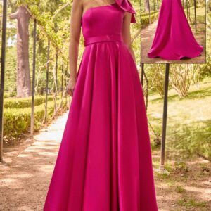 Vestido largo escote asimétrico fucsia 55013 de XM Collection
