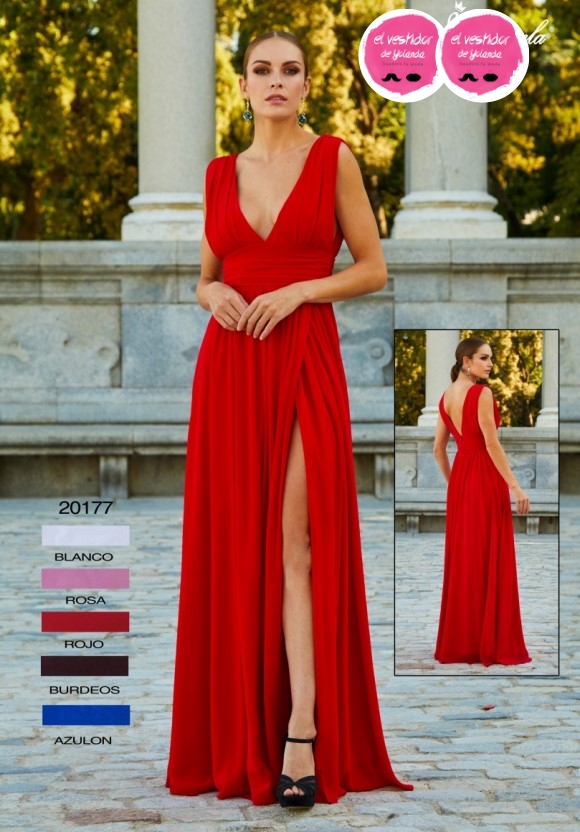 seta Quagga estante Vestido largo estilo romano escote V Rojo • El Vestidor de Yolanda