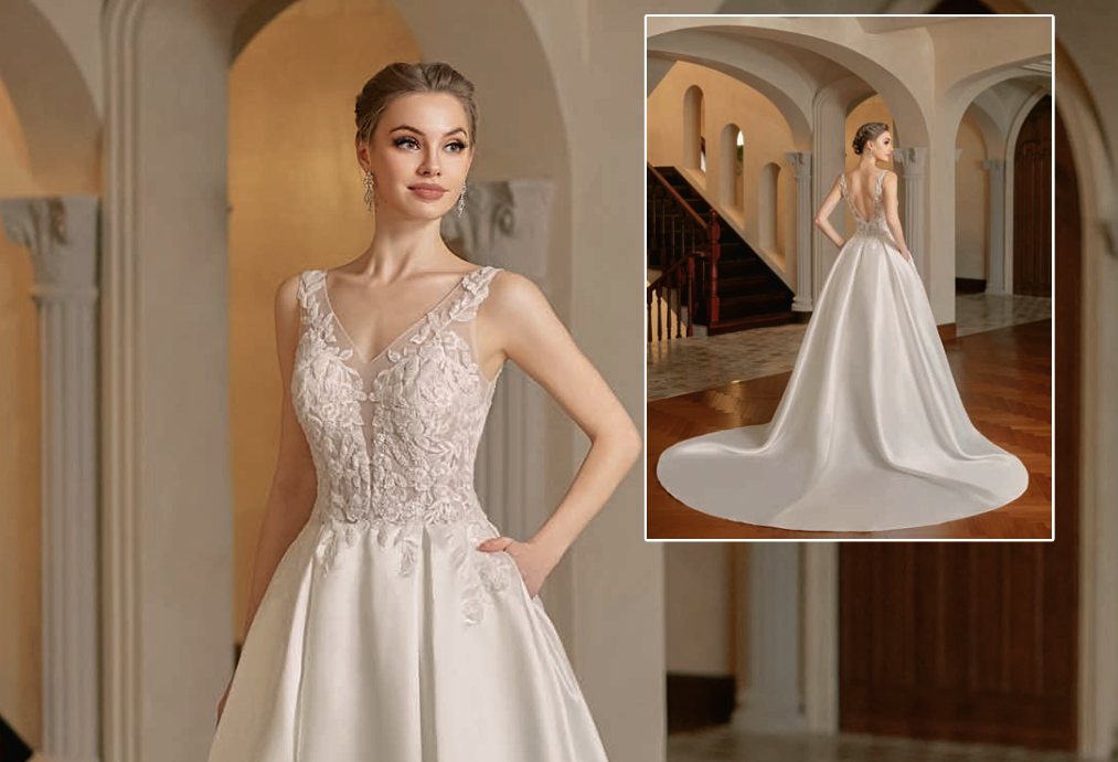 Vestido de novia falda lisa y cuerpo bordado 610 de Alma Couture - Imagen 2