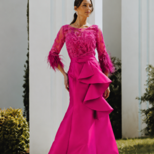 Vestido largo de fiesta volantes 256-10 fucsia de Agnes Marie Couture