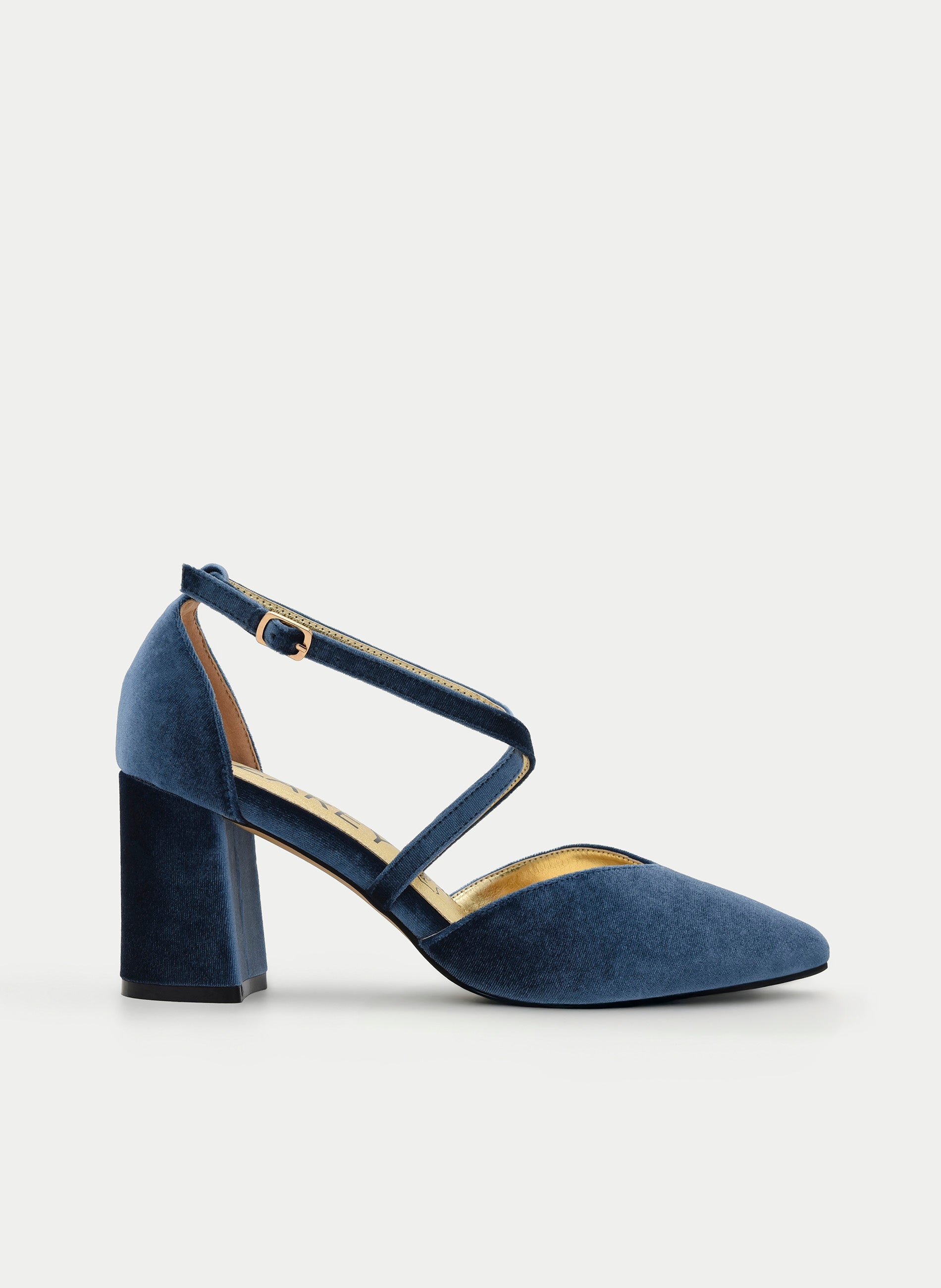 SALÓN AZUL DE TERCIOPELO TACÓN ANCHO Y TIRAS
