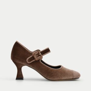 ZAPATO MERCDITAS DE TERCIOPELO TAUPE TACÓN RETRO