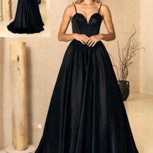 Vestido de fiesta largo corsé pedrería negro AC2606 de Alma Couture